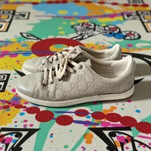 GUCCI Women's Ace Beige Leather Logo Sneakers Trainers Size 37.5 / US 7.5